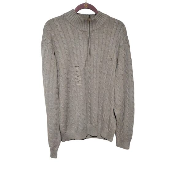 IZOD Sweater Mens XL Gray Cable Knit Quarter Zip Mock Neck Cotton Pullover - Picture 1 of 8